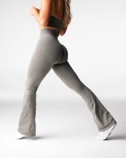 Khaki Green Seamless Flare Leggings - High Waisted Contouring Yoga Pants -NVGTN Sportswear Shop DSC00120