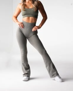 Khaki Green Seamless Flare Leggings - High Waisted Contouring Yoga Pants -NVGTN Sportswear Shop DSC00121