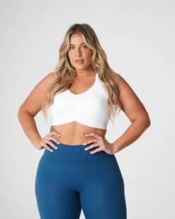 White Cinched Seamless Ribbed Sports Bra