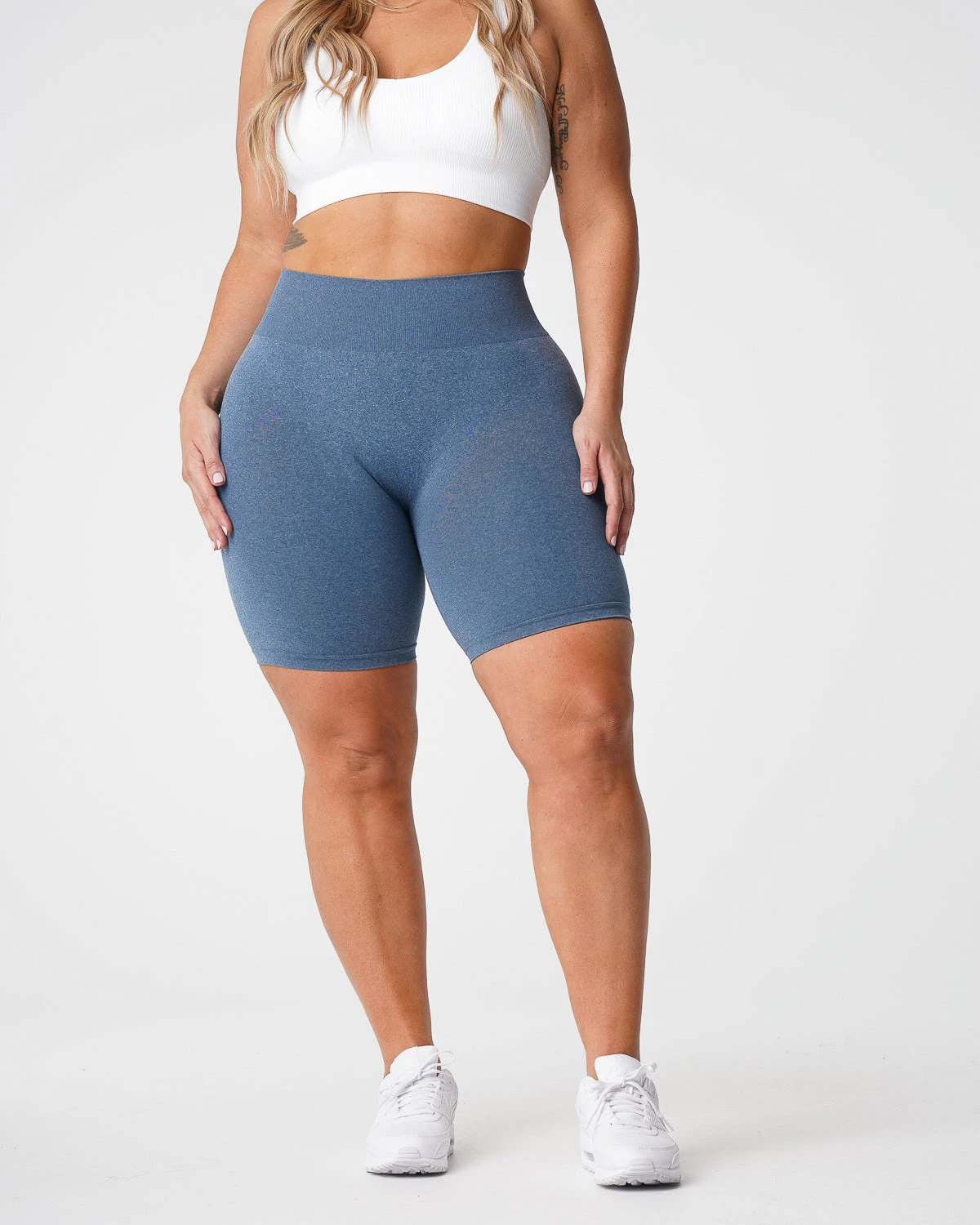 High Waisted Seamless Workout Shorts - Slate Blue Compression Athletic Shorts 1 High Waisted Seamless Workout Shorts - Slate Blue Compression Athletic Shorts