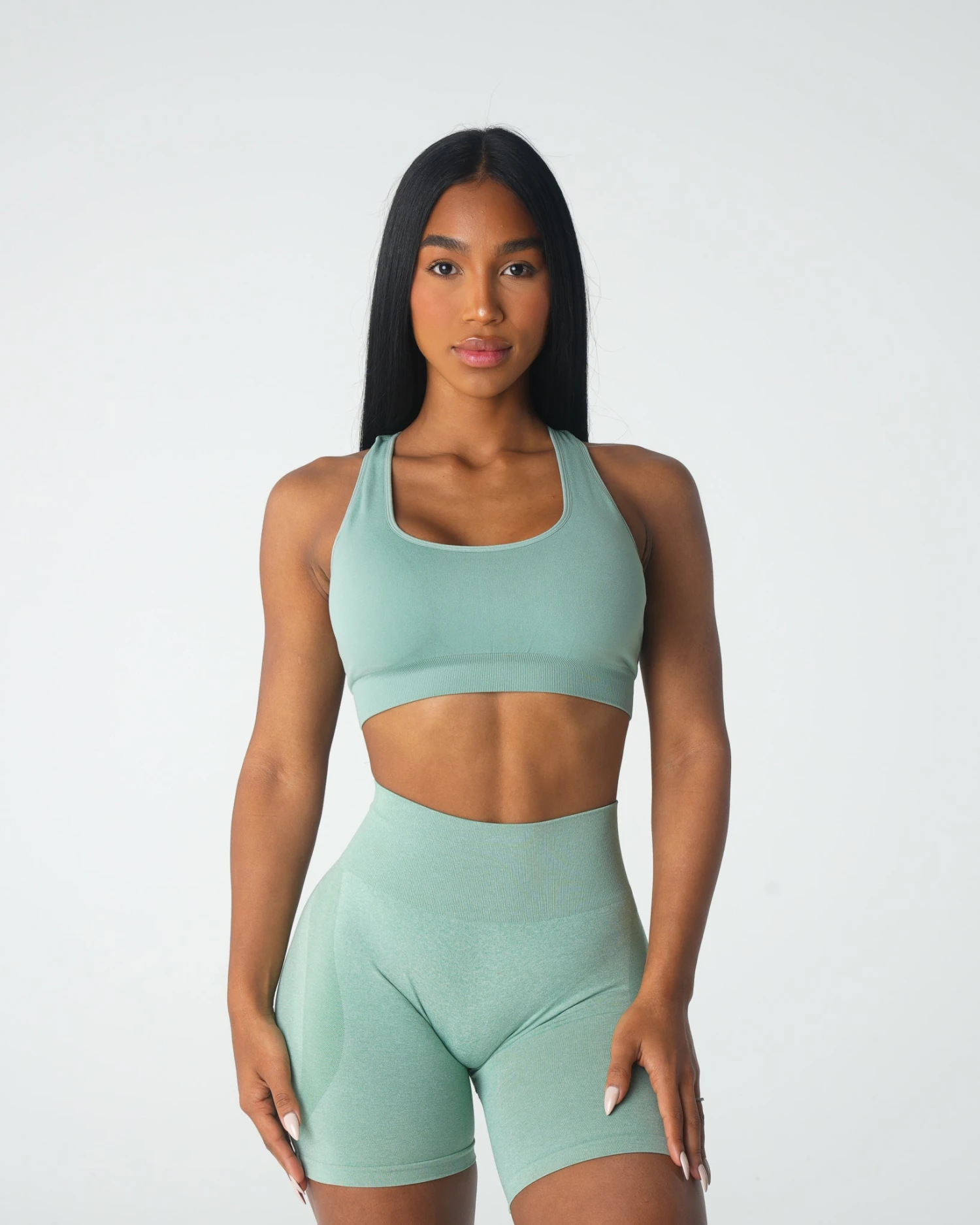 Sage Green Inspire Seamless Sports Bra with Star Back Detail 1 Sage Green Inspire Seamless Sports Bra with Star Back Detail
