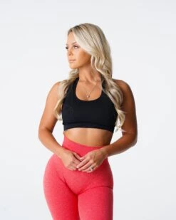 Black Limitless Ribbed Seamless Halter Bra with Open Back