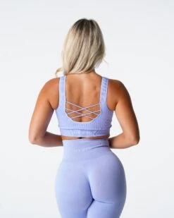 Seamless Ribbed Periwinkle Sports Bra with Criss-Cross Back