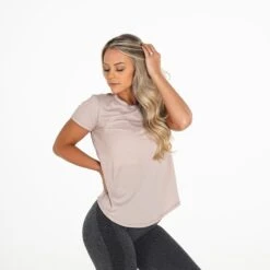 Beige Open Back Workout Tee - Flowy Athletic Gym Shirt