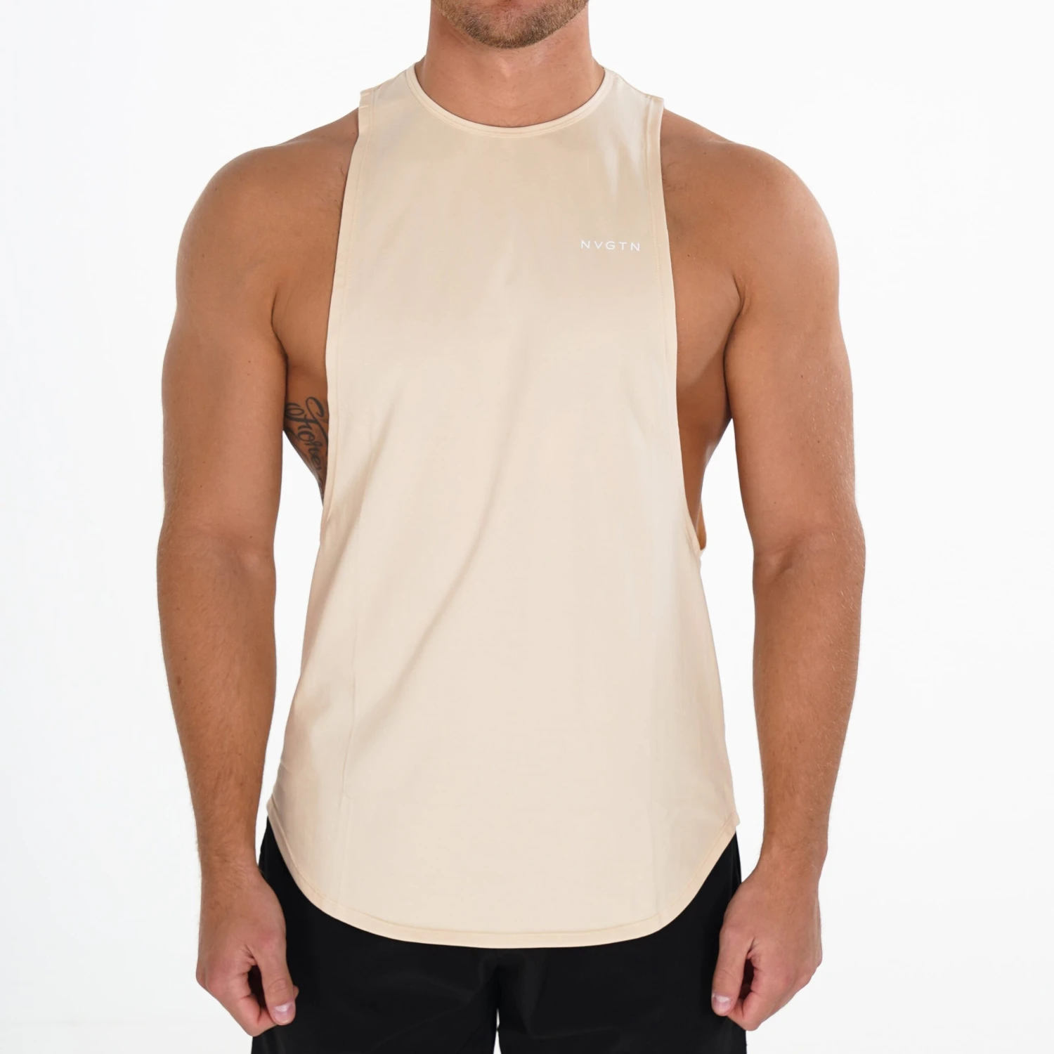 Men's Beige Fitness Tank Top - Relaxed Fit Gym Training Shirt 1 Men's Beige Fitness Tank Top - Relaxed Fit Gym Training Shirt