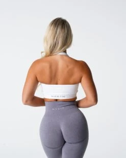 White Ribbed Seamless Halter Sports Bra with Open Back