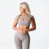 High-Impact Taupe Sports Bra with Stylish Front Cut-Out