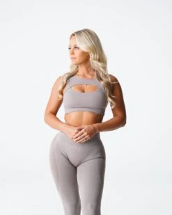 High-Impact Taupe Sports Bra with Stylish Front Cut-Out