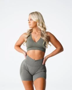 Khaki Green Seamless Pursuit Sports Bra with Crossover V-Neck 6 Khaki Green Seamless Pursuit Sports Bra with Crossover V-Neck -NVGTN Sportswear Shop DSC02219