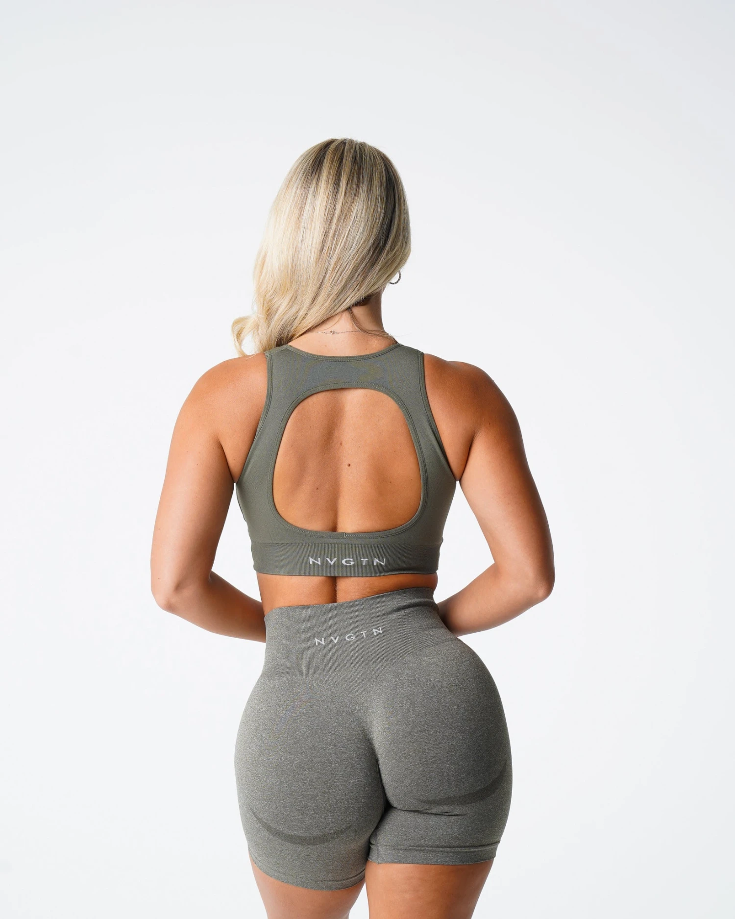 Khaki Green Seamless Pursuit Sports Bra with Crossover V-Neck 1 Khaki Green Seamless Pursuit Sports Bra with Crossover V-Neck