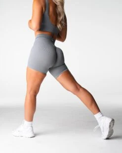 Grey High Waisted Ribbed Seamless Shorts - Premium Athletic Workout Wear
