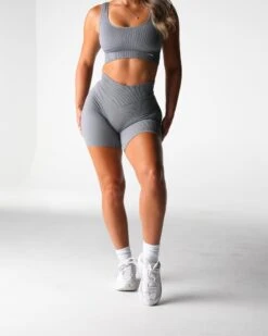 Grey High Waisted Ribbed Seamless Shorts - Premium Athletic Workout Wear 7 Grey High Waisted Ribbed Seamless Shorts - Premium Athletic Workout Wear -NVGTN Sportswear Shop DSC02675