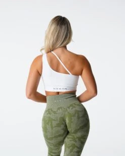 White Asymmetric Seamless Sports Bra - Ribbed Workout Top