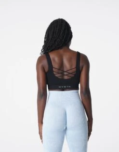 Seamless Ribbed Bra with Criss-Cross Back Detail - Black