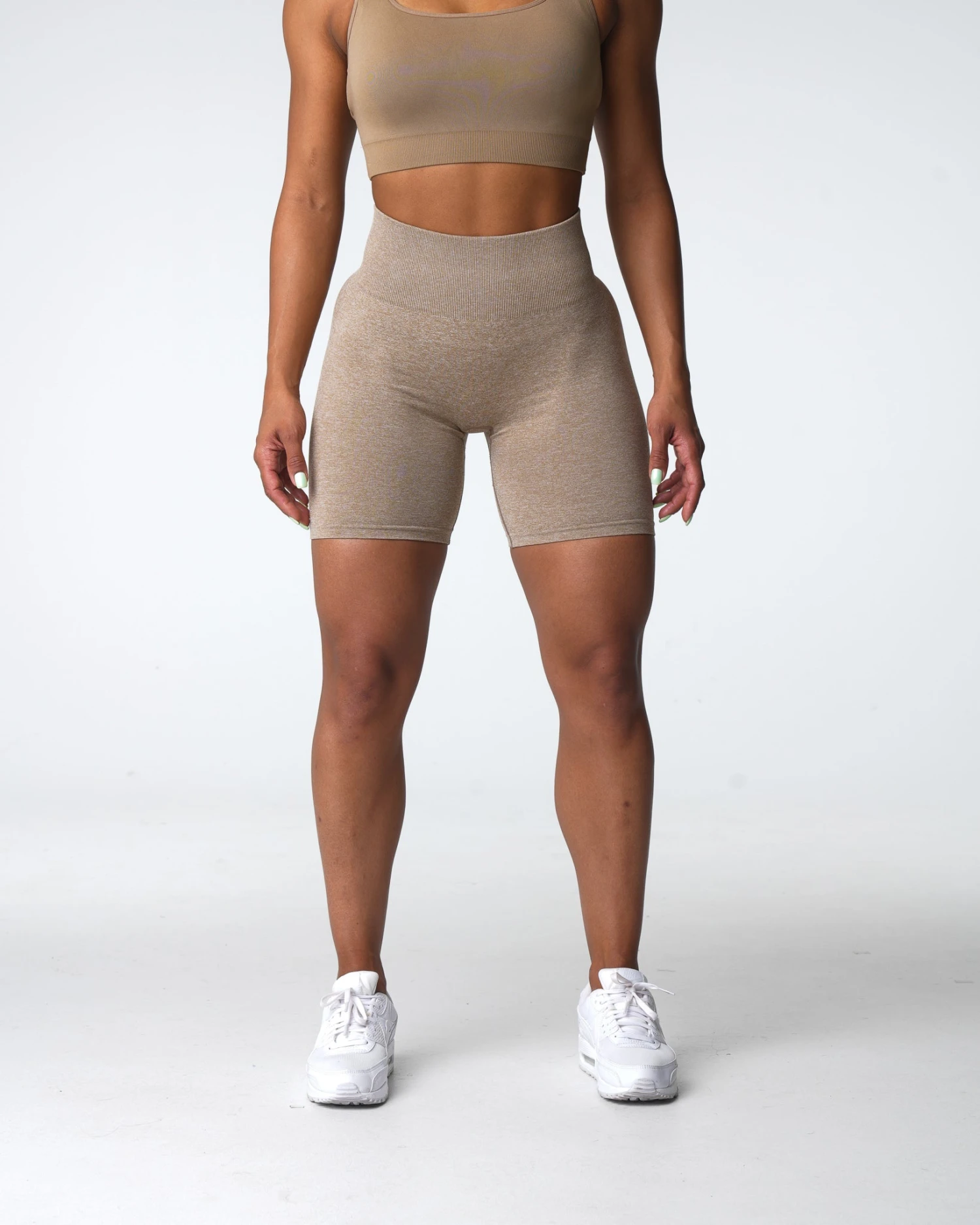 High-Waisted Seamless Scrunch Shorts - Beige Contouring Gym Wear 3 High-Waisted Seamless Scrunch Shorts - Beige Contouring Gym Wear - Image 3