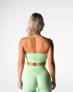 Seamless Halter Sports Bra - Pistachio Ribbed Open Back Fitness Top