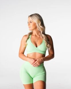 Pistachio Radiance V-Neck Sports Bra with Crossbody Straps