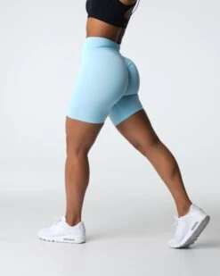 High Waisted Pastel Blue Scrunch Seamless Workout Shorts for Women
