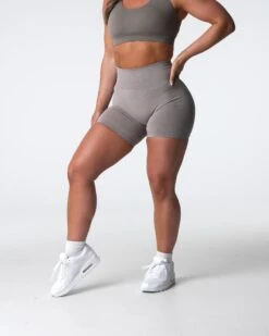 High-Waisted Taupe Pro Seamless Athletic Shorts -NVGTN Sportswear Shop DSC04136