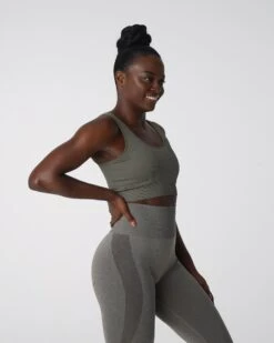 Khaki Green Ribbed Seamless Sports Bra - Criss-Cross Back Design 7 Khaki Green Ribbed Seamless Sports Bra - Criss-Cross Back Design -NVGTN Sportswear Shop DSC04350