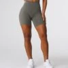 High Waisted Buttery Soft Gym Shorts in Khaki Green - No Front Seam