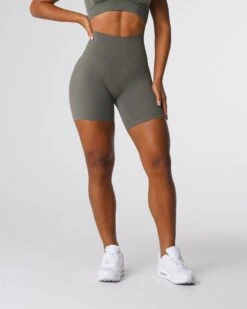High Waisted Buttery Soft Gym Shorts in Khaki Green - No Front Seam