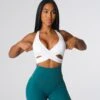 White V-Neck Sports Bra - Crossbody Strap Yoga Top | Radiance