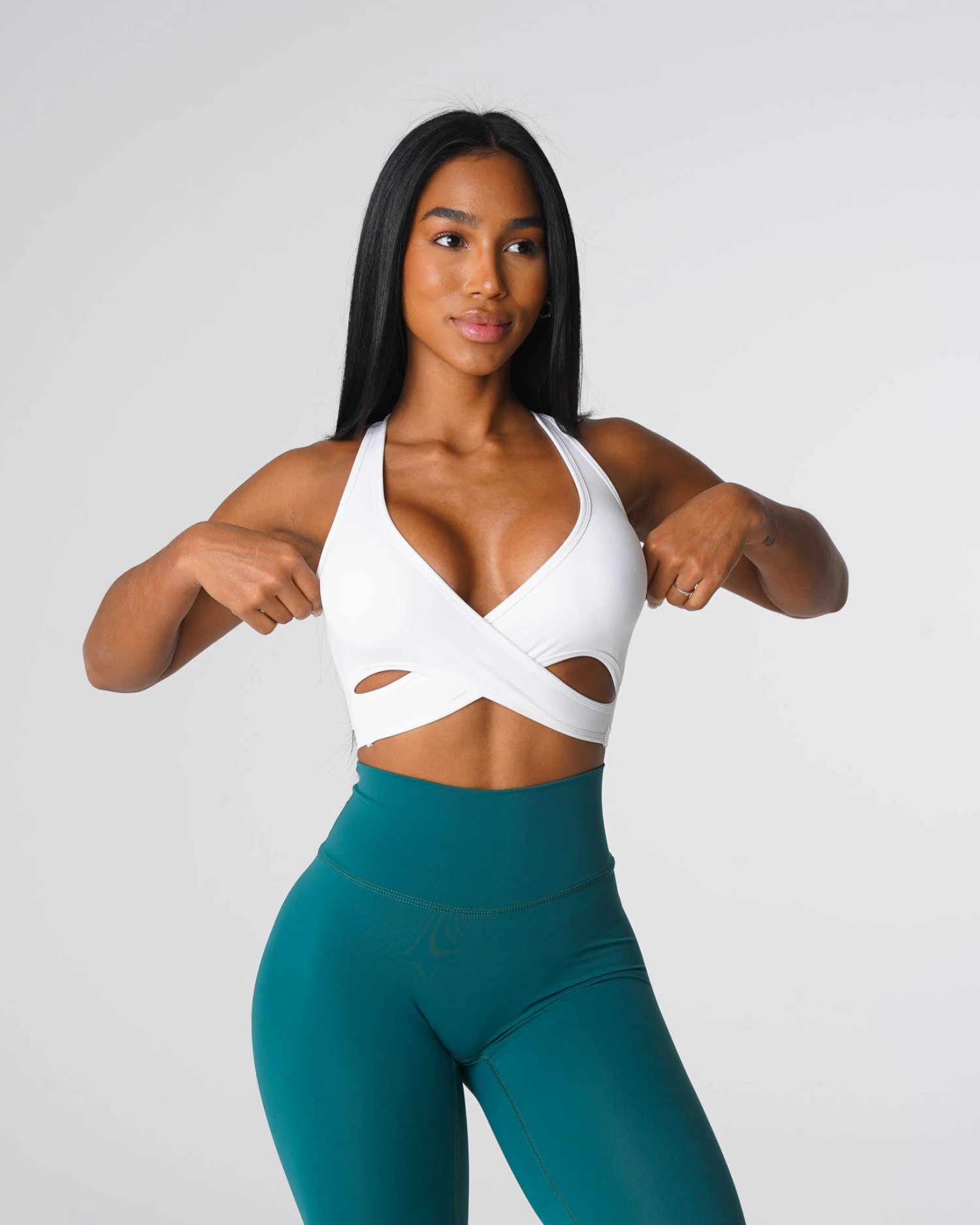 White V-Neck Sports Bra - Crossbody Strap Yoga Top | Radiance 1 White V-Neck Sports Bra - Crossbody Strap Yoga Top | Radiance
