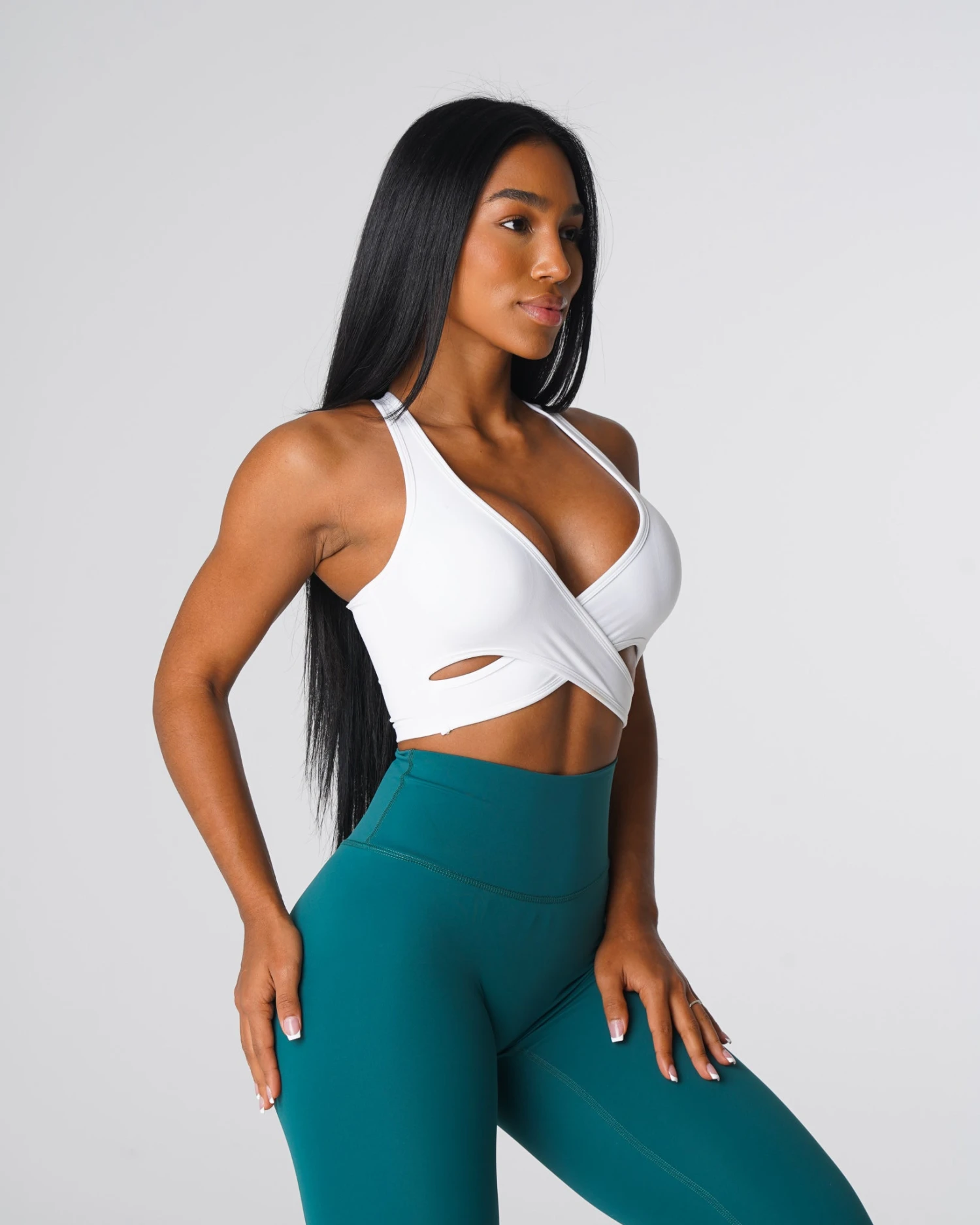 White V-Neck Sports Bra - Crossbody Strap Yoga Top | Radiance 2 White V-Neck Sports Bra - Crossbody Strap Yoga Top | Radiance - Image 2