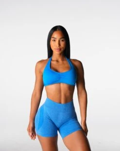 Seamless Halter Sports Bra with Open Back - Ocean Blue