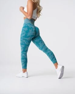 Teal Camo High Waisted Seamless Leggings - Premium Workout Compression