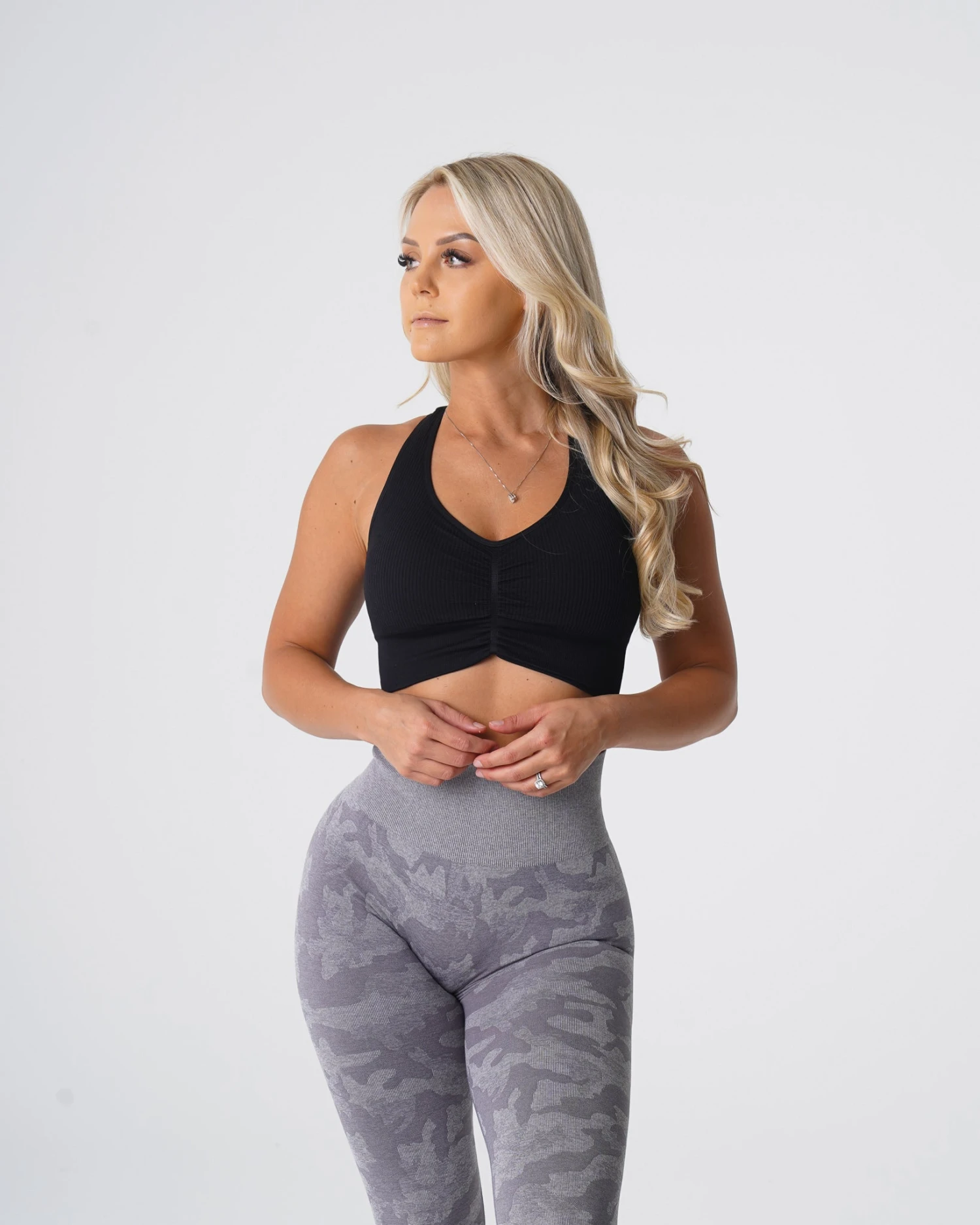 Black Seamless Sports Bra - Cinched Front Ribbed Workout Top 1 Black Seamless Sports Bra - Cinched Front Ribbed Workout Top