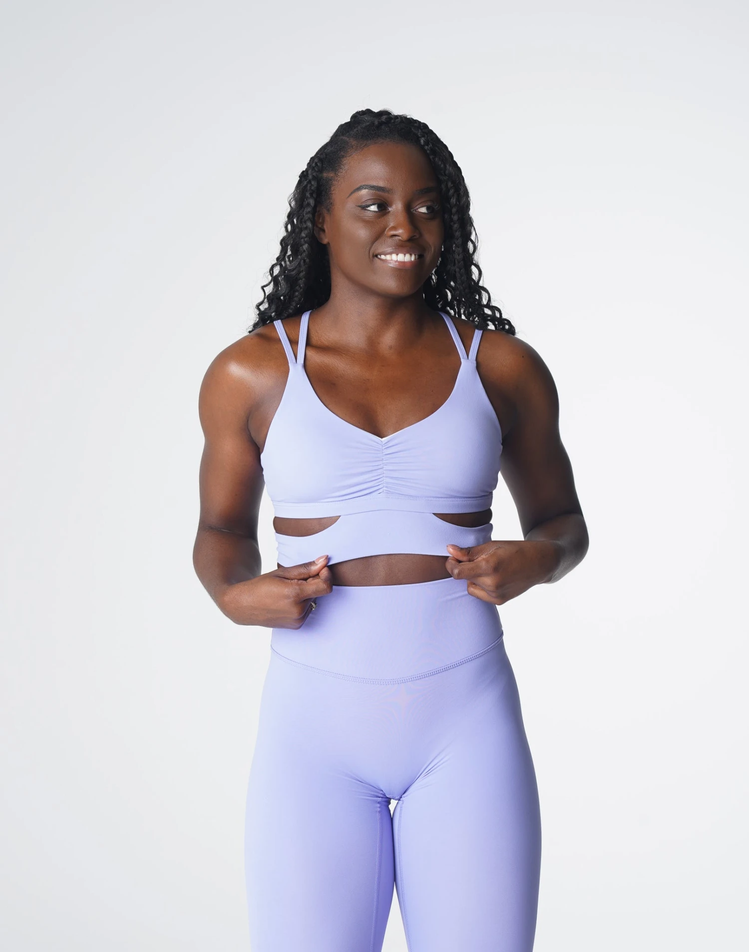 Periwinkle Ruched Crossbody Sports Bra - Revolve Activewear Top 2 Periwinkle Ruched Crossbody Sports Bra - Revolve Activewear Top - Image 2
