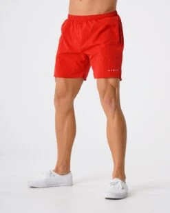 Red Flex Performance Gym Shorts with Side Zipper Pockets
