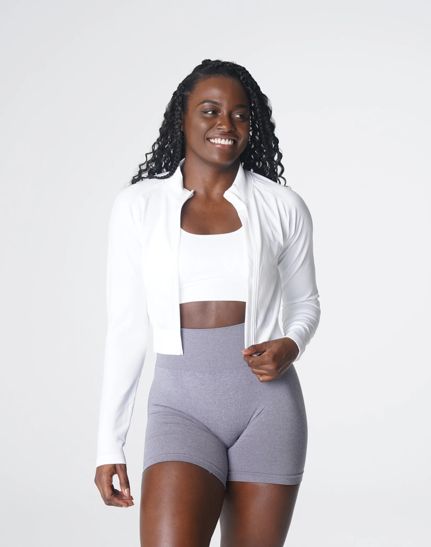 Seamless Cropped Zip Up Athletic Jacket - White 1 Seamless Cropped Zip Up Athletic Jacket - White