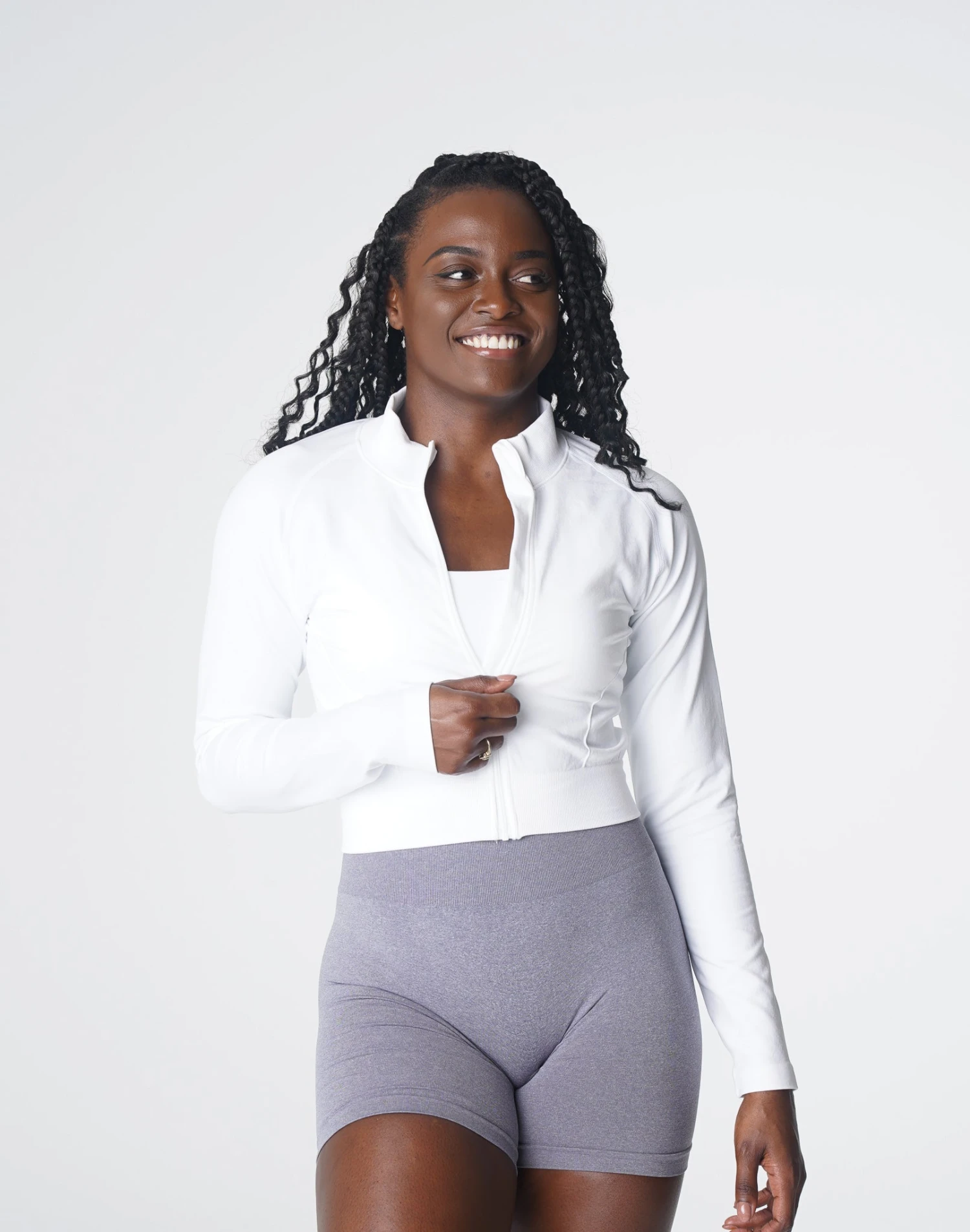 Seamless Cropped Zip Up Athletic Jacket - White 2 Seamless Cropped Zip Up Athletic Jacket - White - Image 2