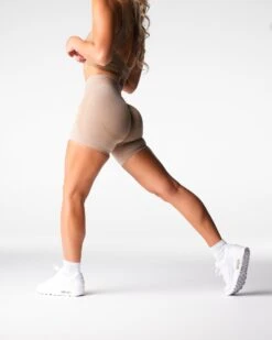 Seamless Mid Rise Contour Gym Shorts - Beige Glute Enhancing Workout Shorts