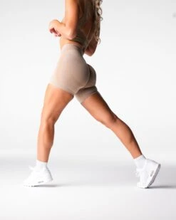 Seamless Mid Rise Contour Gym Shorts - Beige Glute Enhancing Workout Shorts -NVGTN Sportswear Shop DSC06682