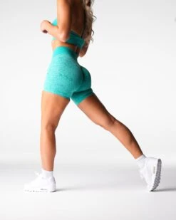High-Waisted Seamless Workout Shorts - Turquoise Digital Pattern
