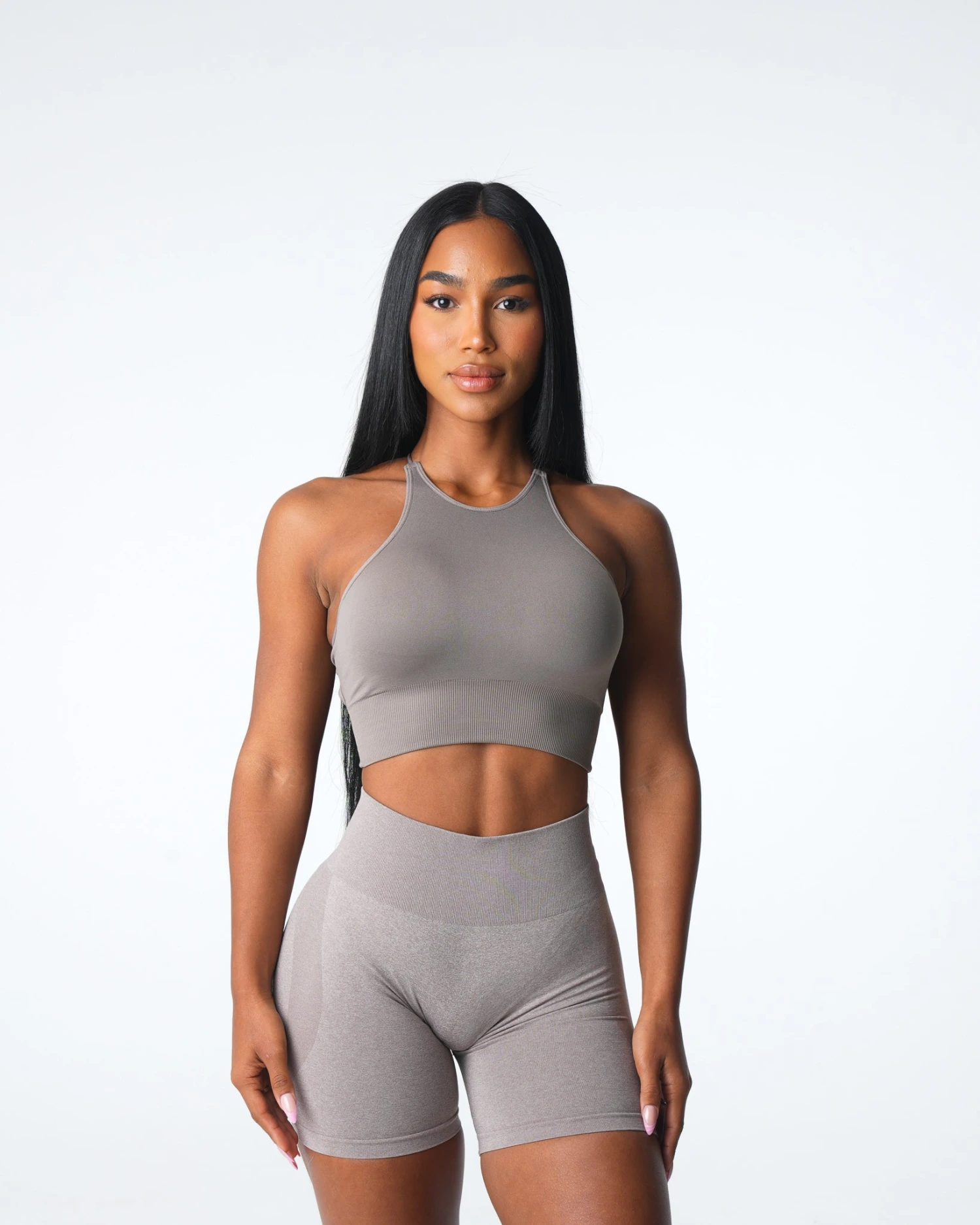 Taupe Seamless Strappy Back Sports Bra - Embrace Collection 1 Taupe Seamless Strappy Back Sports Bra - Embrace Collection
