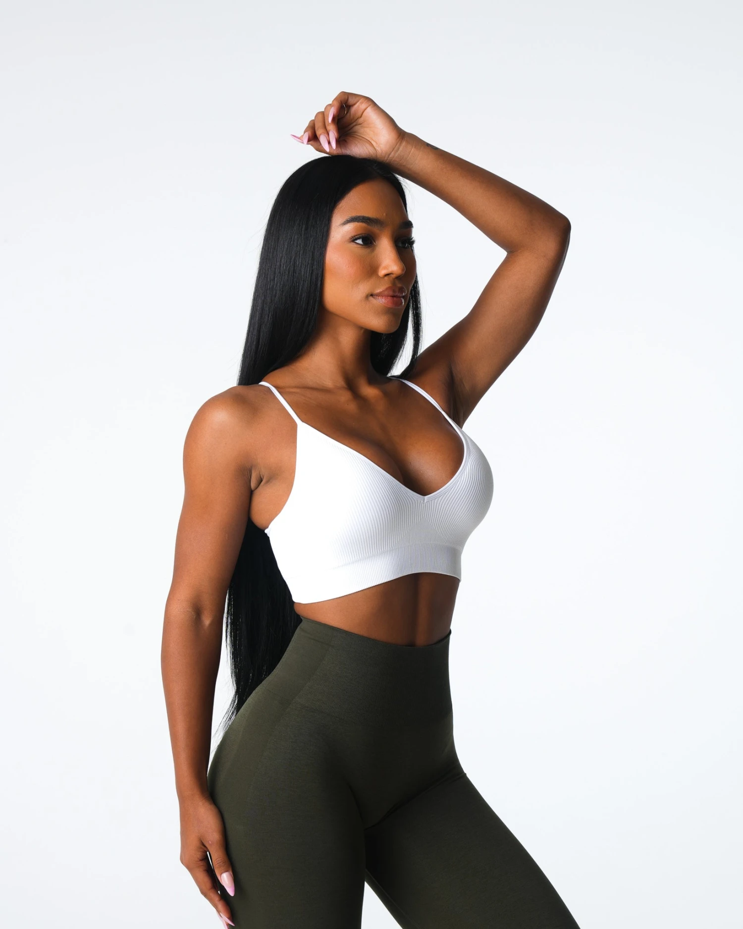 White Seamless Ribbed V-Neck Sports Bra with Back Ring Detail 3 White Seamless Ribbed V-Neck Sports Bra with Back Ring Detail - Image 3