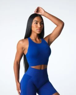 Azure Blue Resilience Seamless High Neck Sports Bra -NVGTN Sportswear Shop DSC07069