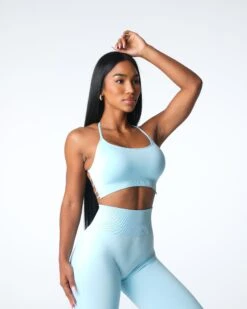 Pastel Blue Seamless Open Back Sports Bra - Low Impact Fitness Top -NVGTN Sportswear Shop DSC07093