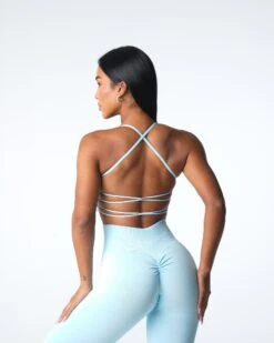 Pastel Blue Seamless Open Back Sports Bra - Low Impact Fitness Top -NVGTN Sportswear Shop DSC07094
