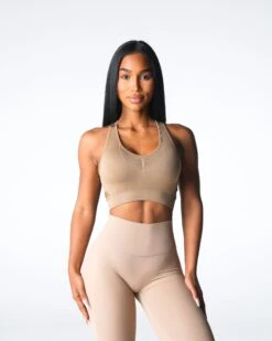 Beige Rise Seamless Sports Bra - Ruched Front Workout Top