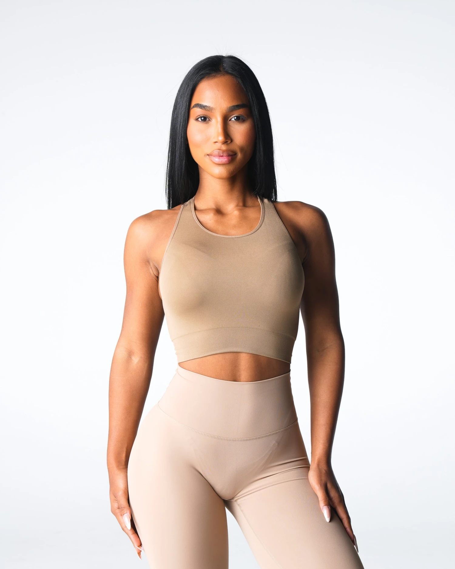Beige Resilience Seamless Sports Bra - High Neck Racerback Workout Top 2 Beige Resilience Seamless Sports Bra - High Neck Racerback Workout Top - Image 2