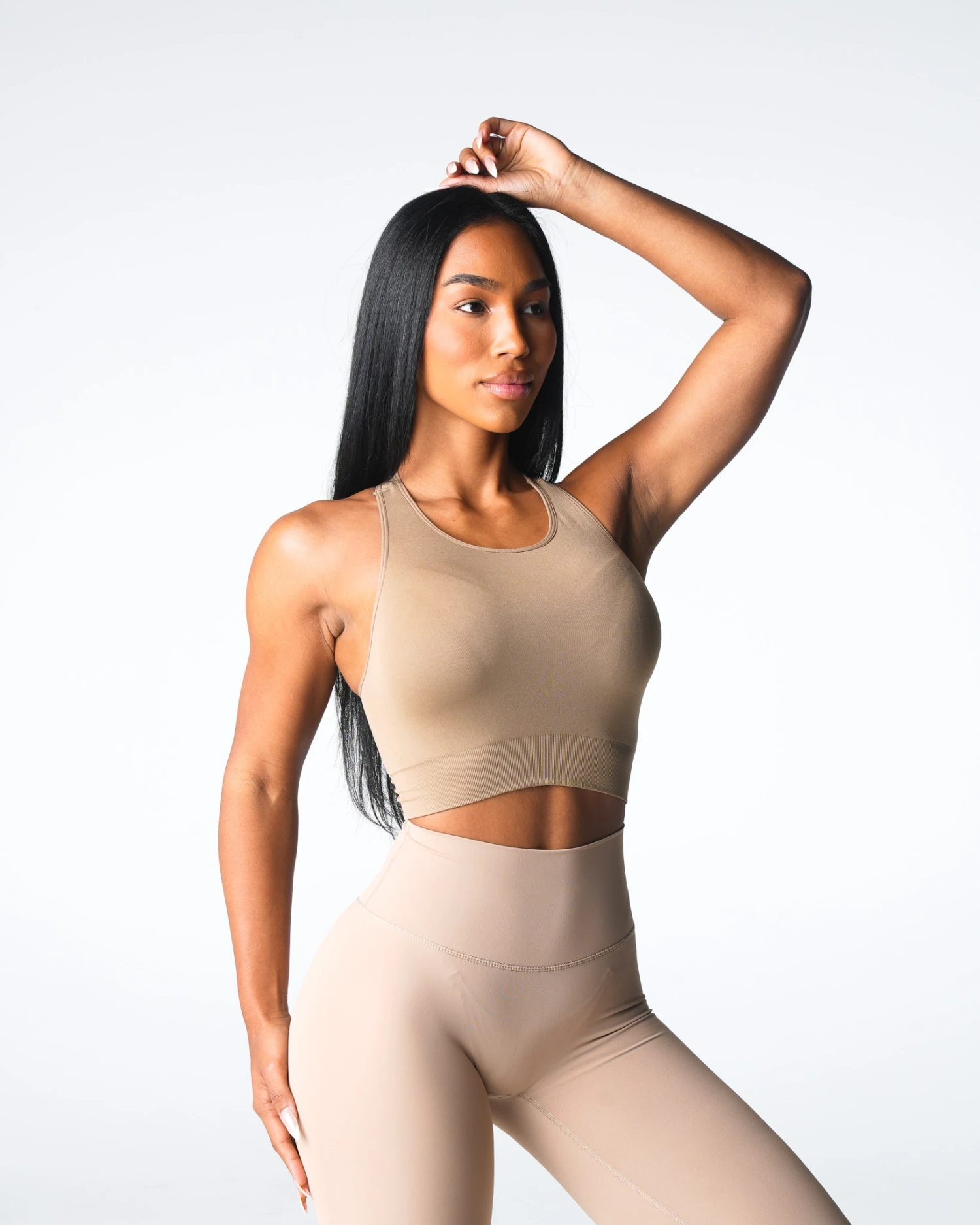 Beige Resilience Seamless Sports Bra - High Neck Racerback Workout Top 3 Beige Resilience Seamless Sports Bra - High Neck Racerback Workout Top - Image 3