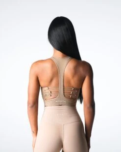 Beige Resilience Seamless Sports Bra - High Neck Racerback Workout Top