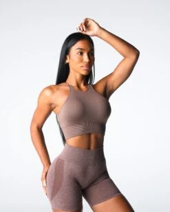 Seamless Strappy Sports Bra - Cocoa Embrace Medium Impact Top -NVGTN Sportswear Shop DSC07889