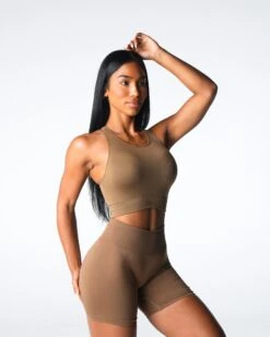 Seamless High Neck Sports Bra with Cut-Out Racerback - Toasted Almond -NVGTN Sportswear Shop DSC07911